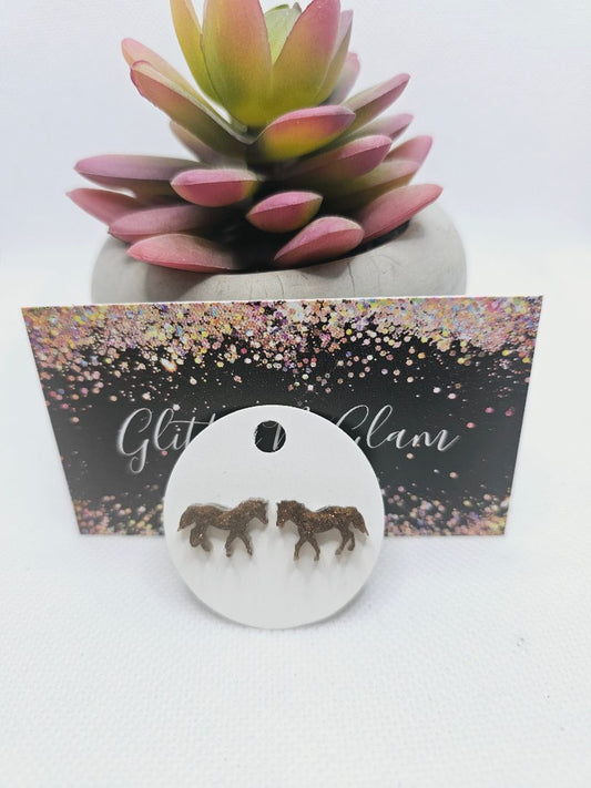 Sparkly Brown Glitter N Glam 1755 Brown Sparkly Resin Horse Stud Earrings