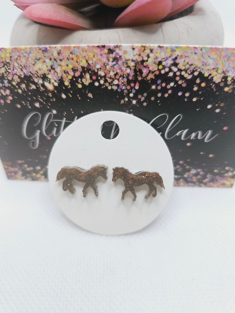 Sparkly Brown Glitter N Glam 1755 Brown Sparkly Resin Horse Stud Earrings