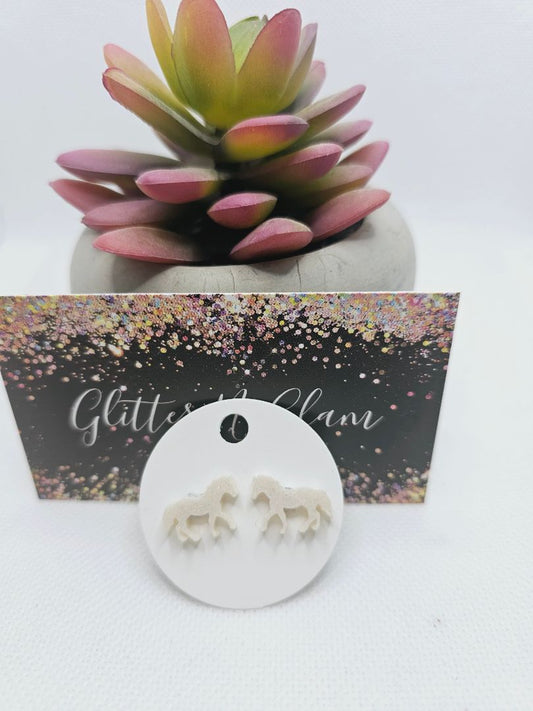 Sparkly White Glitter N Glam 1757 White Sparkly Resin Horse Stud Earrings