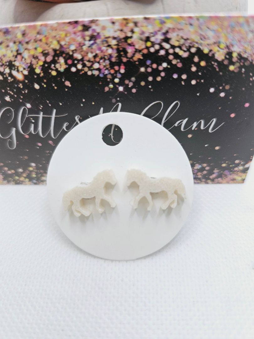 Sparkly White Glitter N Glam 1757 White Sparkly Resin Horse Stud Earrings