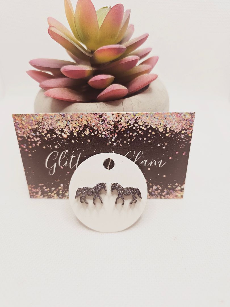 Sparkly Black Glitter N Glam 1754 Black Sparkly Resin Horse Stud Earrings