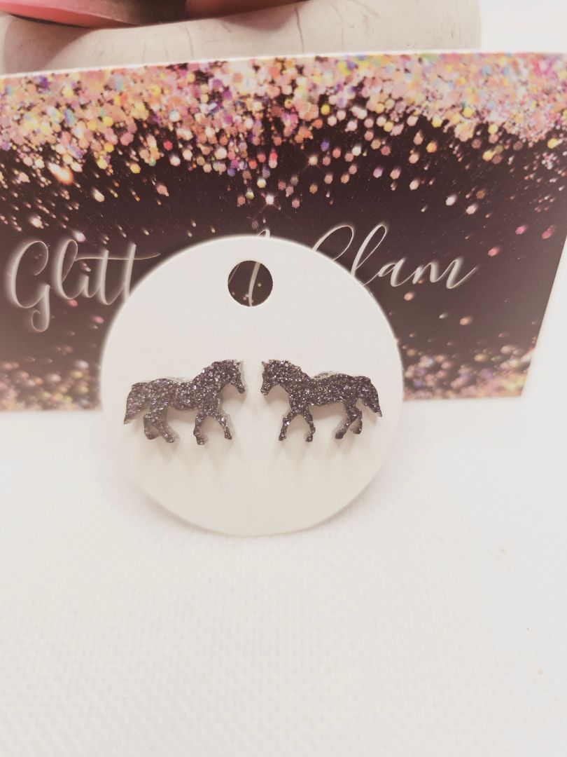 Sparkly Black Glitter N Glam 1754 Black Sparkly Resin Horse Stud Earrings