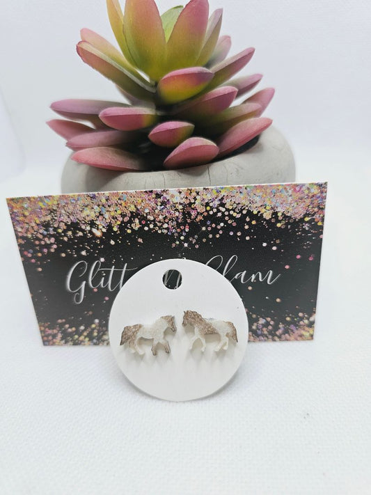 Sparkly Brown and White Glitter N Glam 1756 Brown/White Sparkly Resin Painted Horse Stud Earrings