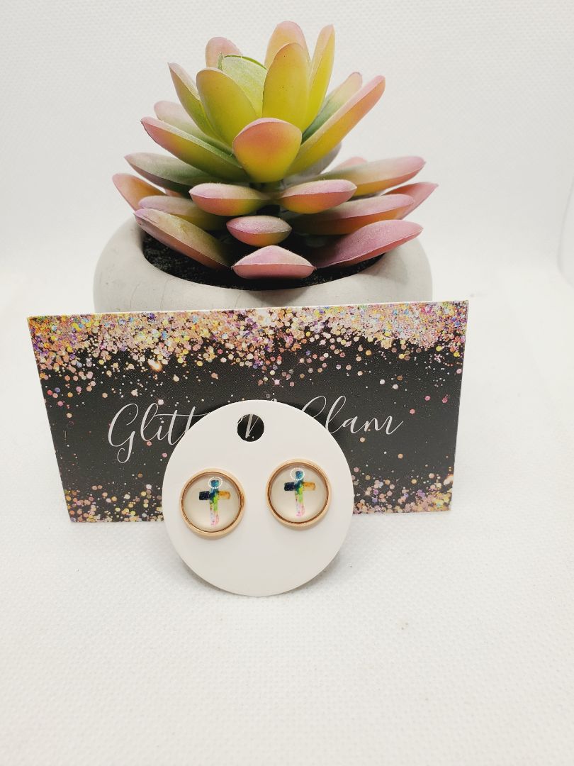 Multi color Glitter N Glam 985 Tie Dye Cross Stud Earrings