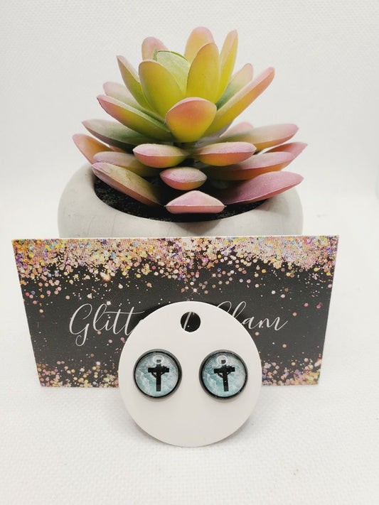 Multicolored Glitter N Glam 1678 Teal and Black Cross Stud Earrings