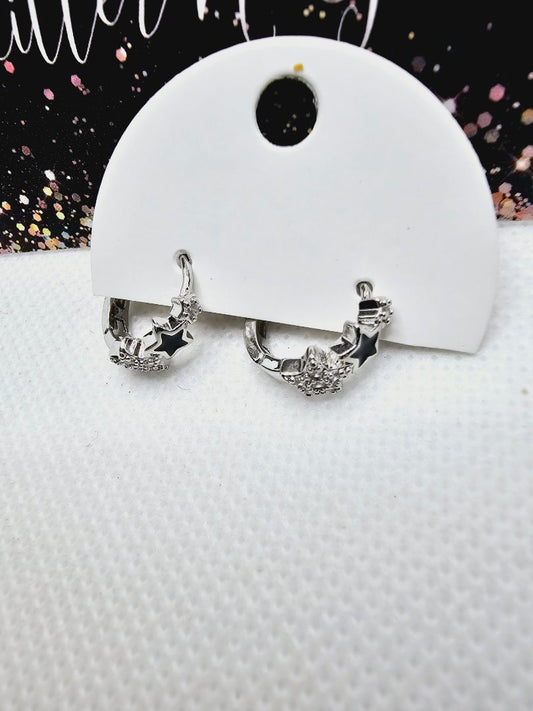 Black and Silver Glitter N Glam 2398 Silver Star Huggie Hoops