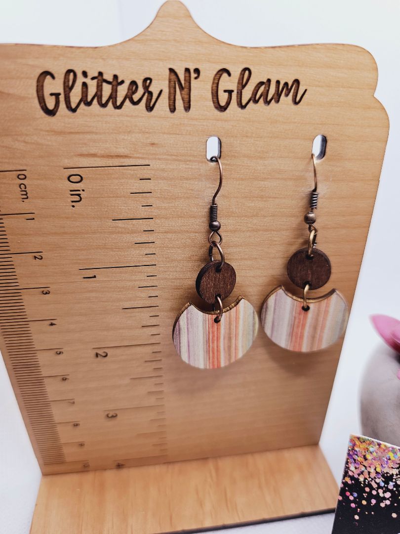 Wood/ multicolored Glitter N Glam 1805 Wood Striped Dangle Earrings