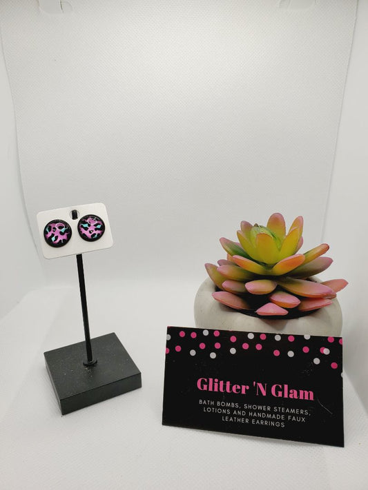 Pink/teal Glitter N Glam 749 Pink cheetah Stud Earrings