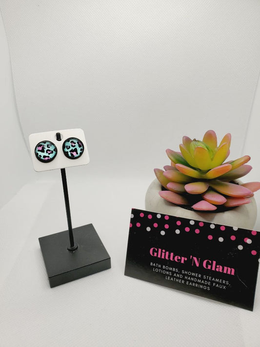 Teal/pink Glitter N Glam 751 Teal Cheetah Stud Earrings