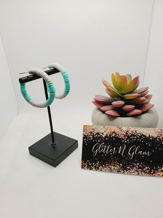 Gray and Teal Glitter N Glam 1698 Teal and Gray Polymer Clay Hoop Earrings