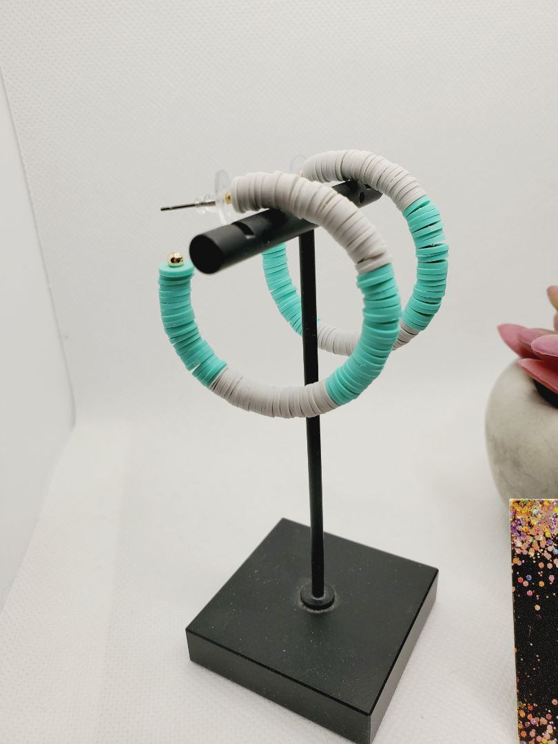 Gray and Teal Glitter N Glam 1698 Teal and Gray Polymer Clay Hoop Earrings