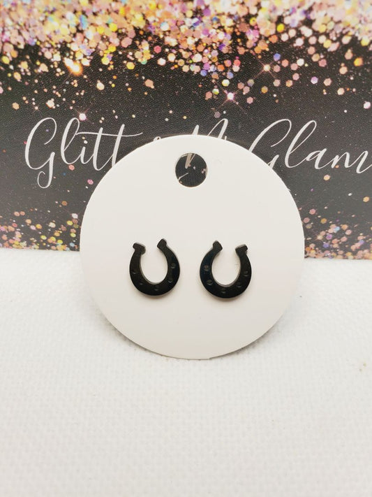 Gunmetal Glitter N Glam 1667 GunMetal Horseshoe Stud Earrings