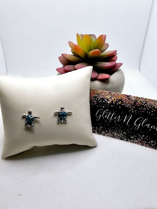 Silver and Teal Glitter n Glam 2517 Teal Sea Turtle Stud Earrings