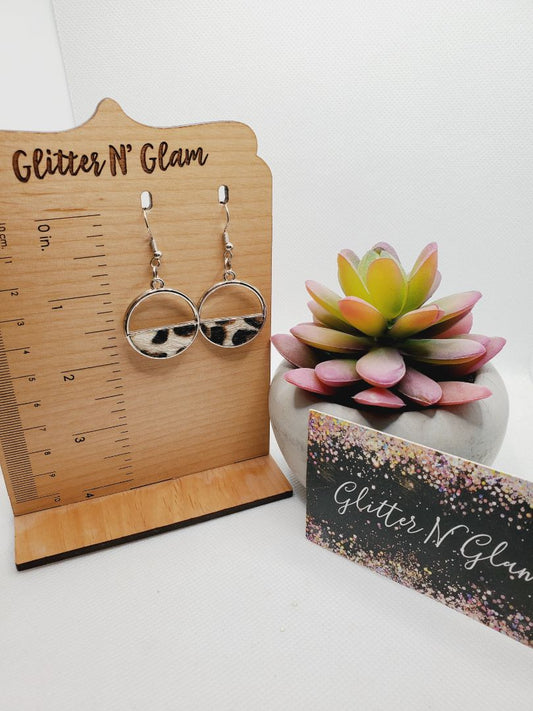 Silver and Animal Print Glitter N Glam 1440 Leopord Hair On Leather Half Circle Dangle Earrings
