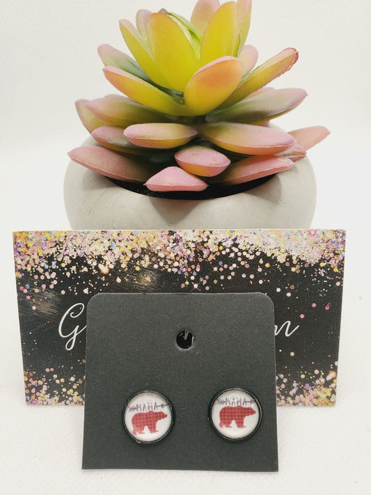 Black Glitter N Glam 1057 Mama Bear Stud Earrings