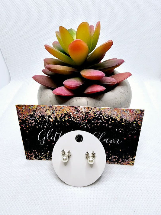 Glitter N Glam 2504 White Pearl Reindeer Stud Earrings