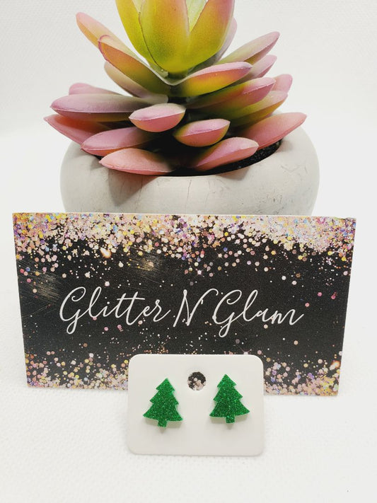 Glitter N Glam 1094 Green Sparkly Christmas Tree Stud Earrings