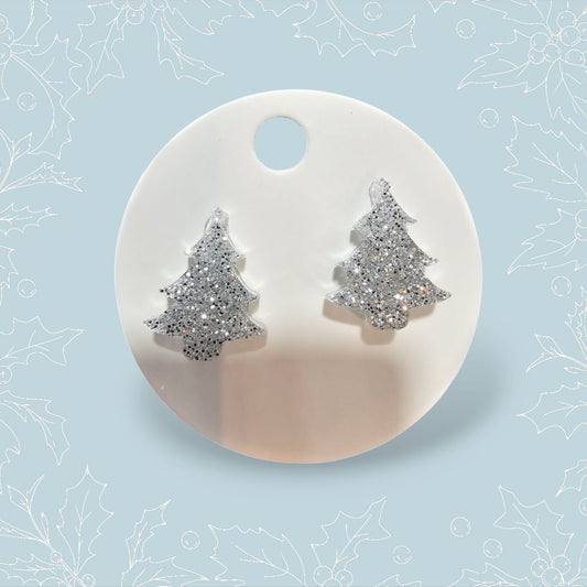 Glitter N Glam 2514 Silver Sparkly Resin Christmas Tree Stud Earrings