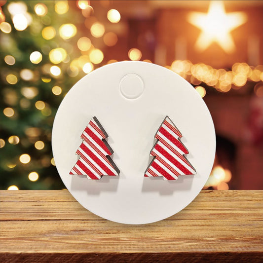 Glitter N Glam 2513 Red and White Stiped wood Christmas Tree Stud Earrings