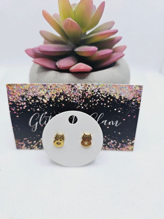Glitter N Glam 2002 Gold Reindeer Stud Earrings