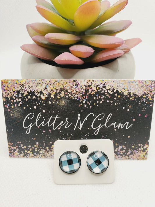 Glitter N Glam 1063 Black n White Buffalo Check Stud Earrings