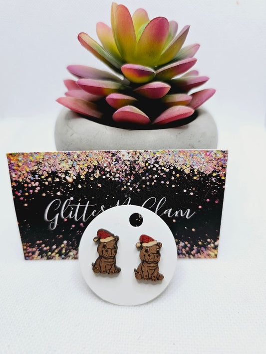 Glitter N Glam 1974 Wooden Hippo Stud Earrings with Santa Hats