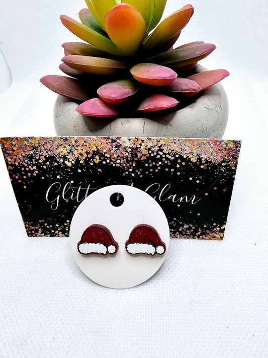 Glitter N Glam 2501 Red Sparkly Santa Hats Stud Earrings