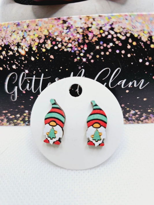 Glitter N Glam 2022 Wood Gnome With Tree Stud Earrings