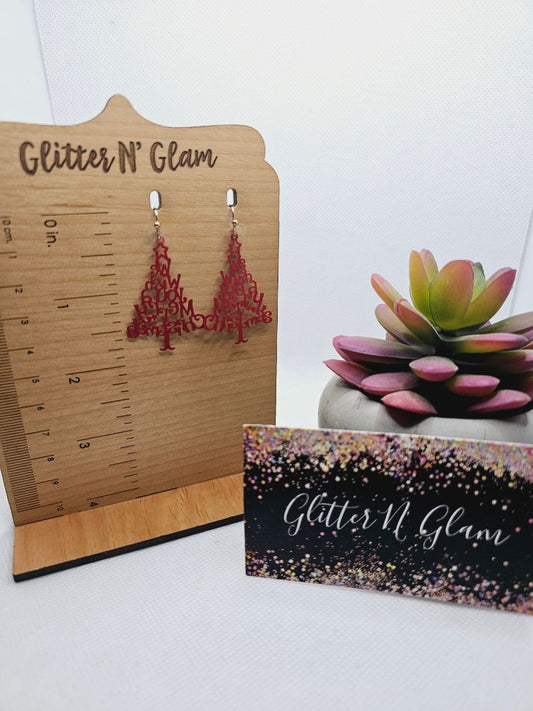 Glitter N Glam 1998 "We Wish You A Merry Christmas" Red Tree Dangle Earrings