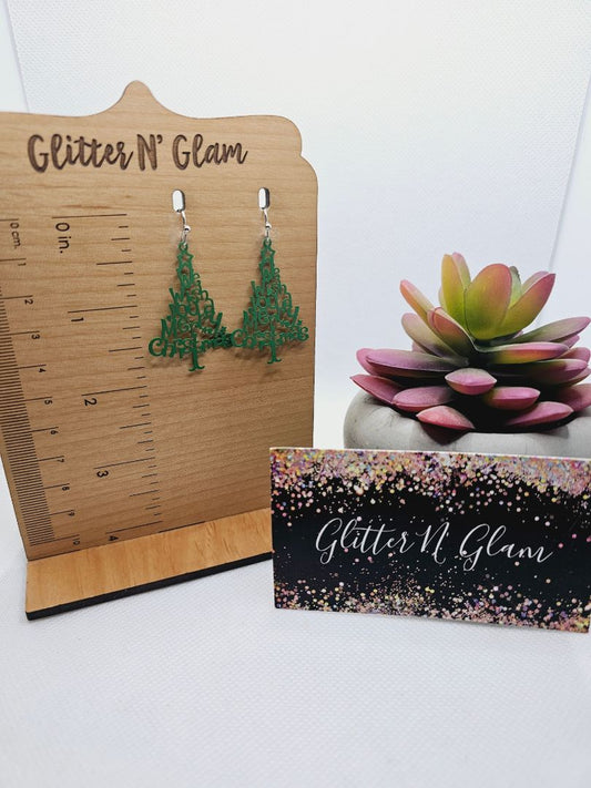 Glitter N Glam 1999 "We Wish You A Merry Christmas" Green Tree Dangle Earrings