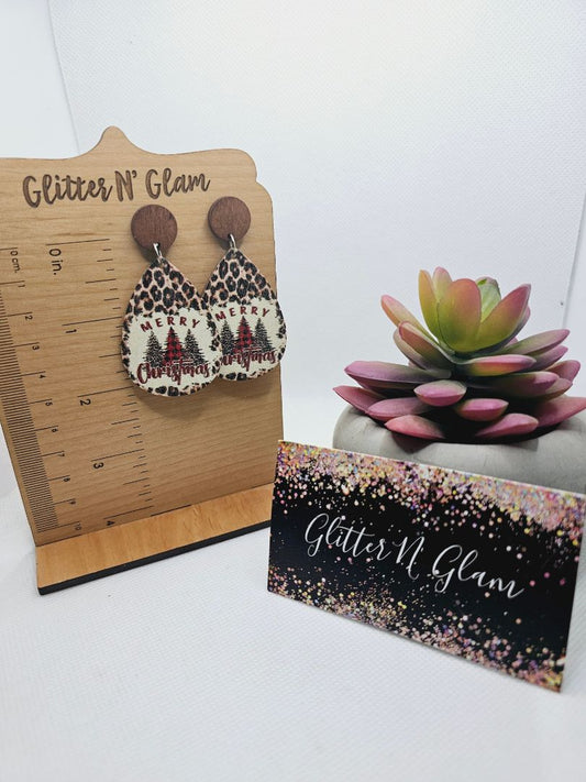 Glitter N Glam 1992 Wood Leopord Print Christmas Dangle Earrings