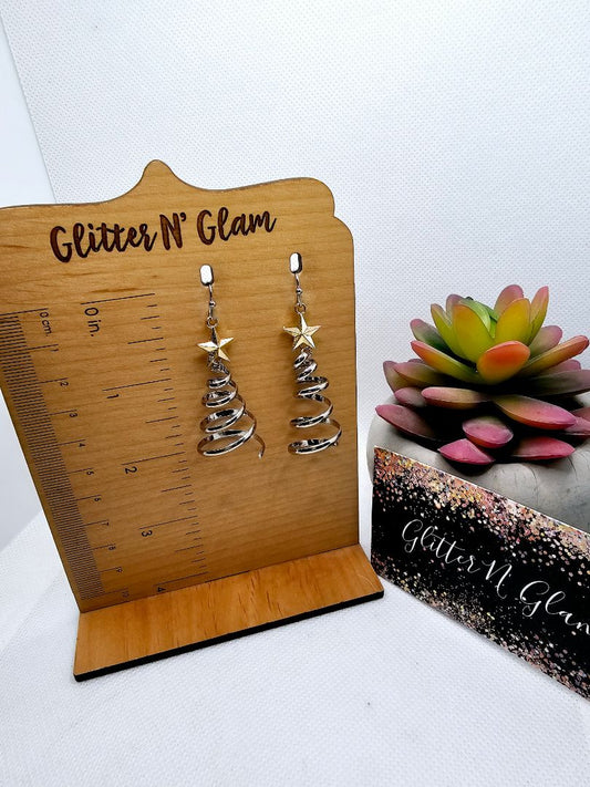 Glitter N Glam 2428 Gold/Silver Twisted X-mas Tree Dangle Earrings