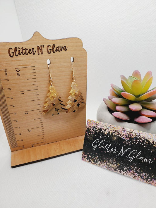 Glitter N Glam 1548 Acrylic and Wood with Gold Sparkles Christmas Tree Dangle Earrings