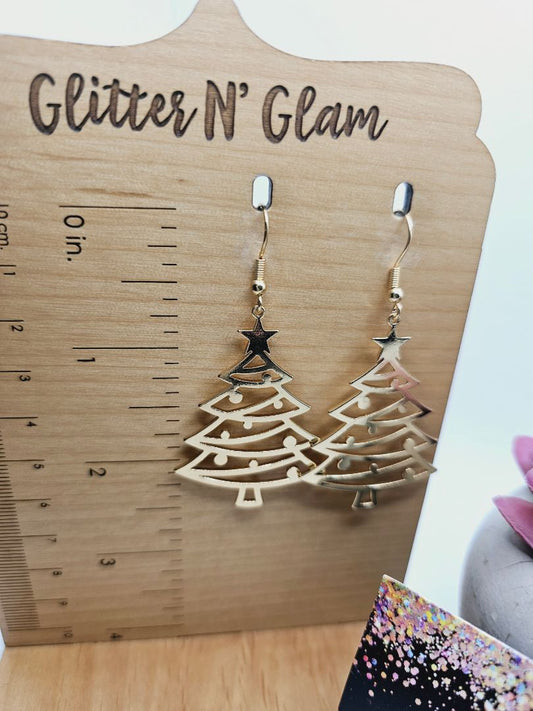 Glitter N Glam 1996 Gold Christmas Tree Dangle Earrings