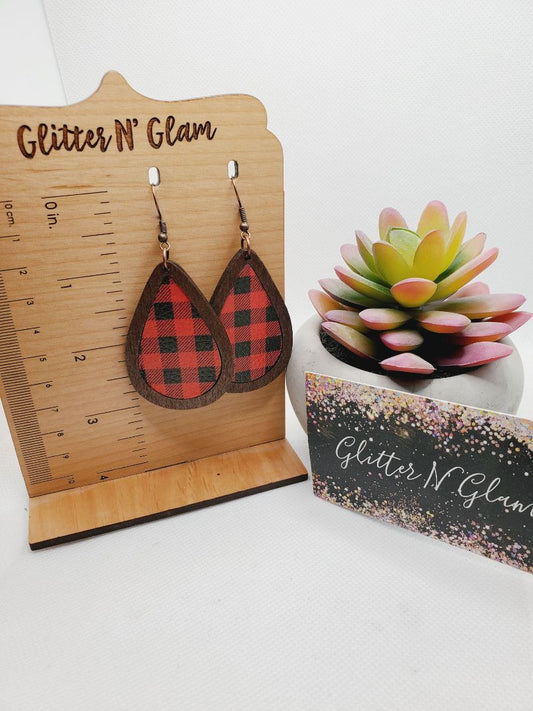 Glitter N Glam 1504 Red and Black Plaid Wood Dangle Earrings
