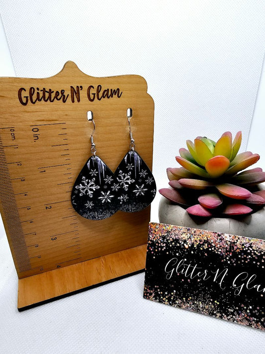 Glitter N Glam 2505 Black with Irrodescent Snowflakes Acrylic Dangle Earrings