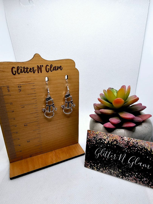 Glitter N Glam 2497 Silver Snowman Dangle Earrings with Gemstones