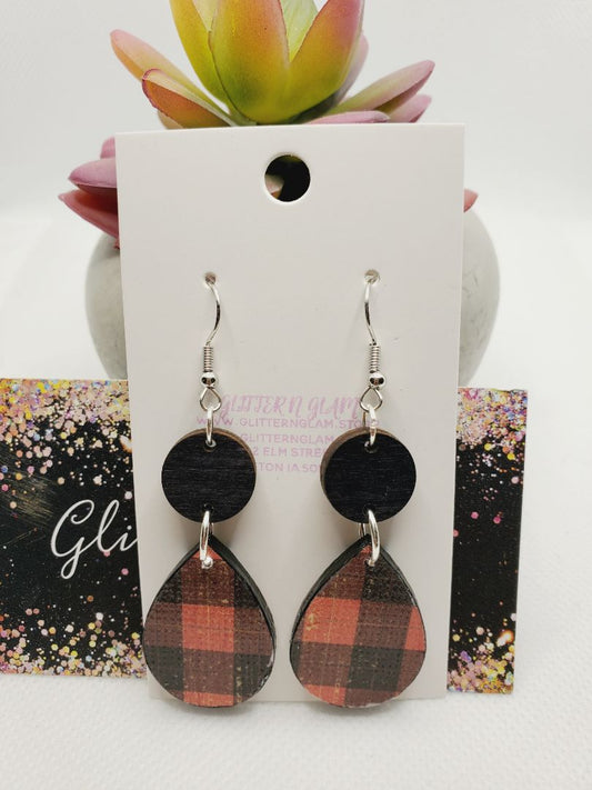 Glitter N Glam 1098 Red Buffalo Plaid Wood Dangle Earrings