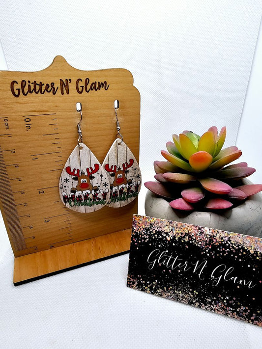 Glitter N Glam 2500 Merry Christmas Reindeer Leather Teardrop Earrings