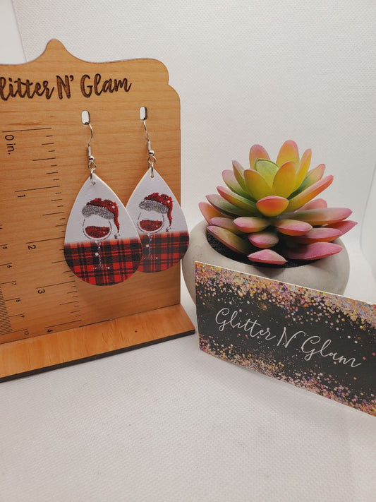 Glitter N Glam 1517 Red and Black Plaid Santa Wine Glass Dangle Earrings