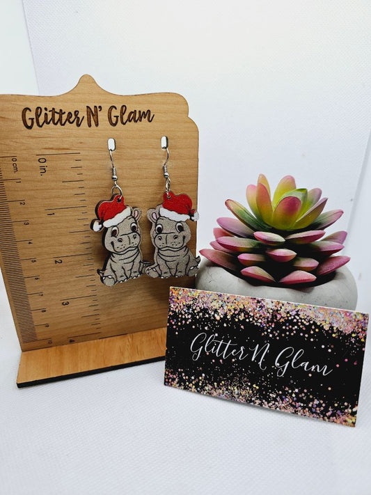 Glitter N Glam 1969 Wooden Hippo Dangle Earrings with Santa Hat