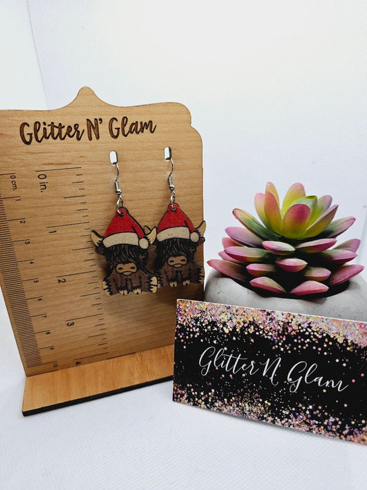 Glitter N Glam 1968 Wooden Highland Cow Dangle Earrings with Santa Hat