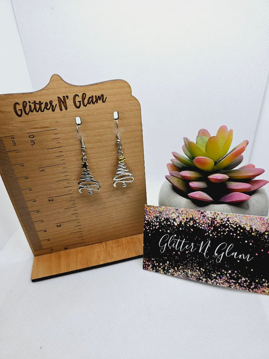 Glitter N Glam 2025 Silver Xmas Tree with Gold Star Dangle Earrings