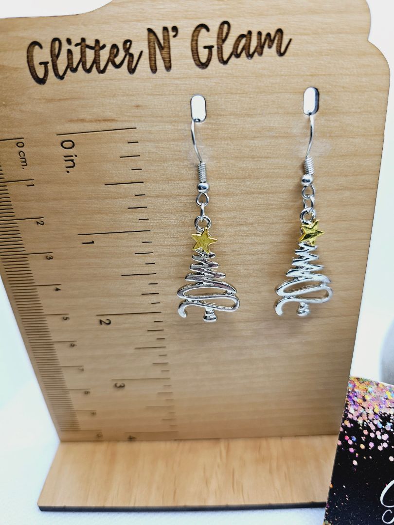 Glitter N Glam 2025 Silver Xmas Tree with Gold Star Dangle Earrings