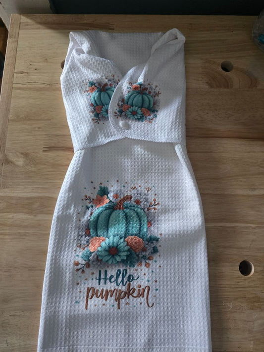 Hand towel with snap HELLO PUMPKIN BLUE AND ORANGE, 16 x 28