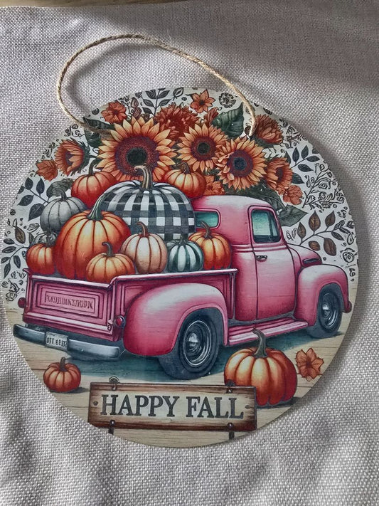 Door hanger HELLO FALL PINK TRUCK AND SUNFLOWERS, 10 inch