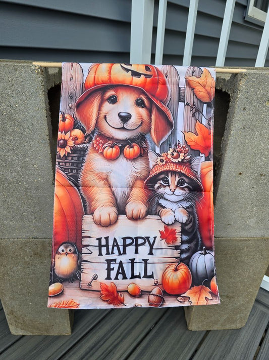 Happy Fall Pup/Kit  Garden Flags, 11.5" x 17"