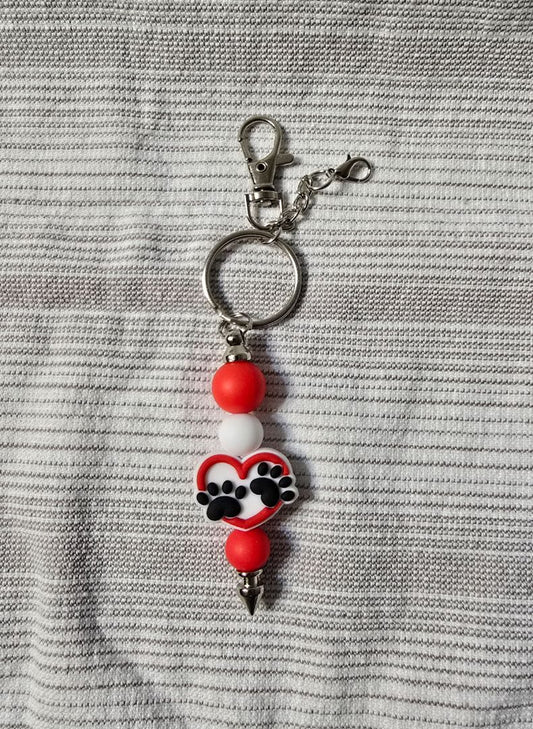Red/White Paws  Bead Keychain