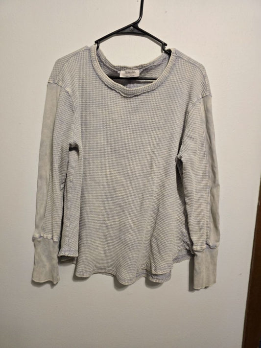 Light Blue Wash Zenana Textured Long Sleeve Tee, Large