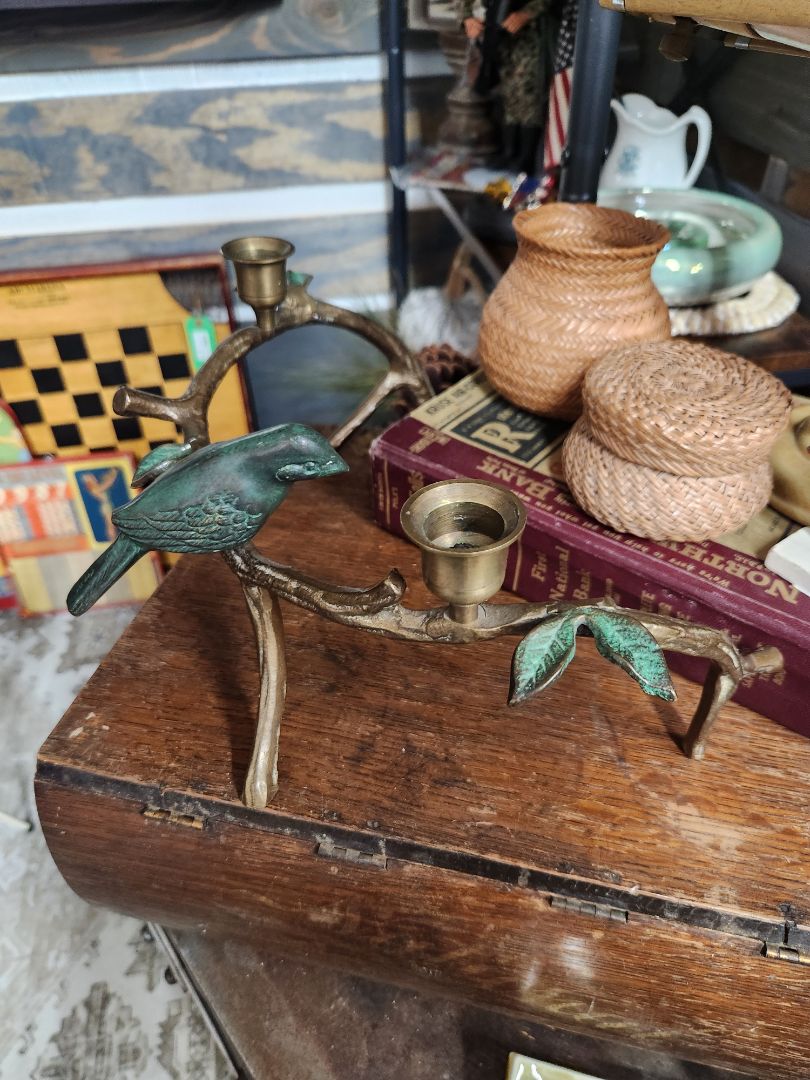 Rubbed Brass Figural Bird & Branch Candle Holder